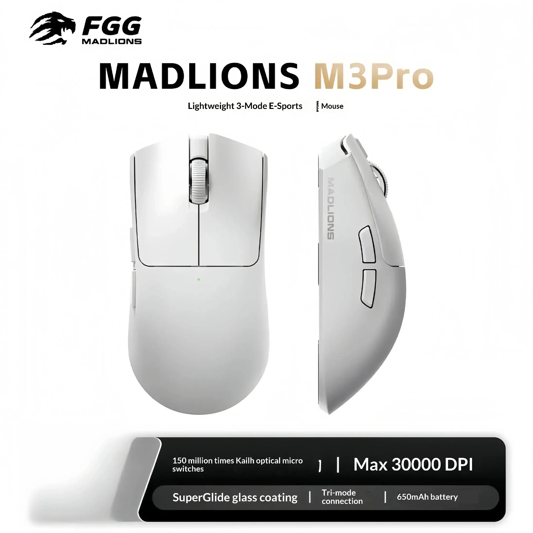 Madlions професионална геймърска мишка Wireless Gaming Mouse M3 Pro - 1K, Mad Catz Custom Sensor, White - image 1