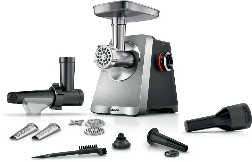 Месомелачка, Bosch MFWS835M, SER8, Meat mincer, Blocking power: 2500W, 4,5 kg/min, 10-year motor, dishwasher safe, tomato press, kebbe att., sausage att., silver black