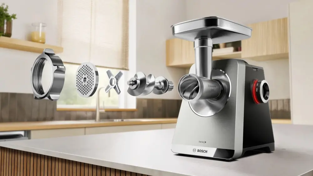 Месомелачка, Bosch MFWS835M, SER8, Meat mincer, Blocking power: 2500W, 4,5 kg/min, 10-year motor, dishwasher safe, tomato press, kebbe att., sausage att., silver black - image 10
