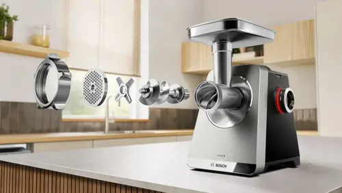 Месомелачка, Bosch MFWS835M, SER8, Meat mincer, Blocking power: 2500W, 4,5 kg/min, 10-year motor, dishwasher safe, tomato press, kebbe att., sausage att., silver black - image 10