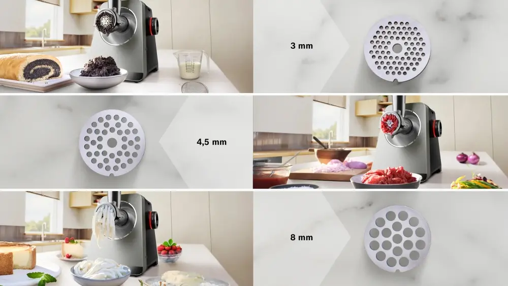 Месомелачка, Bosch MFWS835M, SER8, Meat mincer, Blocking power: 2500W, 4,5 kg/min, 10-year motor, dishwasher safe, tomato press, kebbe att., sausage att., silver black - image 6