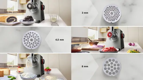 Месомелачка, Bosch MFWS835M, SER8, Meat mincer, Blocking power: 2500W, 4,5 kg/min, 10-year motor, dishwasher safe, tomato press, kebbe att., sausage att., silver black - image 6