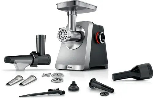 Месомелачка, Bosch MFWS835M, SER8, Meat mincer, Blocking power: 2500W, 4,5 kg/min, 10-year motor, dishwasher safe, tomato press, kebbe att., sausage att., silver black
