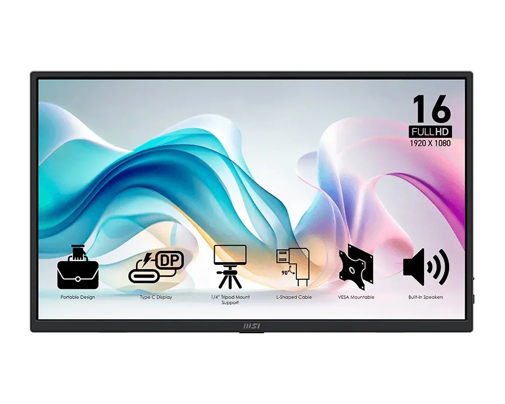 Монитор, MSI PRO MP165 E6 Portable Monitor, 15.6", 4ms, 60Hz IPS, 1920x1080, EyesErgo, Anti-flicker, Less Blue Light, 250nits AG, 16.7M, 1000:1, 2xType-C(15W), HDMI(2.0b), 2x1W, Tilt, VESA 75, Black, 0.78kg - image 1
