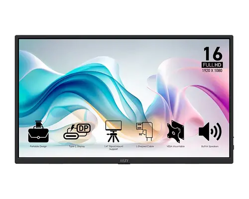 Монитор, MSI PRO MP165 E6 Portable Monitor, 15.6", 4ms, 60Hz IPS, 1920x1080, EyesErgo, Anti-flicker, Less Blue Light, 250nits AG, 16.7M, 1000:1, 2xType-C(15W), HDMI(2.0b), 2x1W, Tilt, VESA 75, Black, 0.78kg - image 1