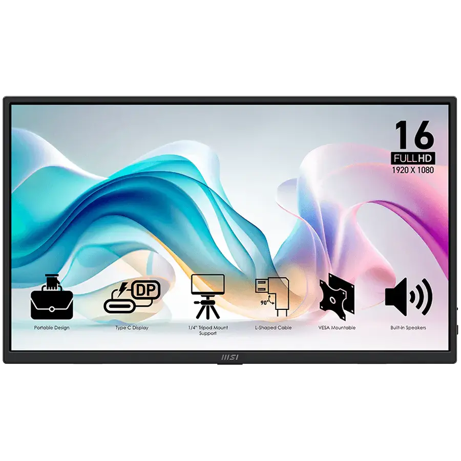 MSI PRO MP165 E6 Professional Business Portable Monitor, 15.6" 60Hz, FHD (1920x1080) 16:9, IPS Anti-glare, 4ms, 250nits, 1000:1, 178/178, Tilt, Ηχεία
