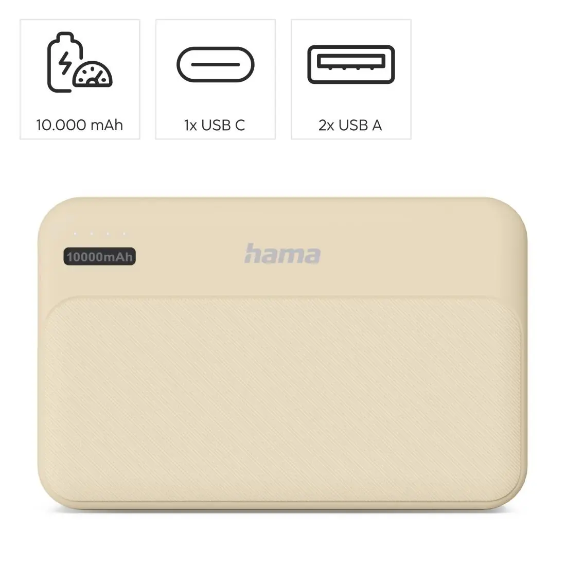 HAMA Външна батерия "Pocket 10", 10000 mAh, Изходи: 2x USB-A, бежов - image 5