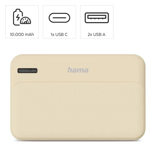 HAMA Външна батерия "Pocket 10", 10000 mAh, Изходи: 2x USB-A, бежов - image 5