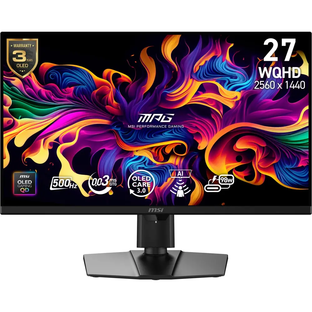 Монитор, MSI MPG 271QR QD-OLED X50 Gaming Monitor, 26.5", 0.03ms, 500Hz, 2560x1440, G-SYNC, AMD FreeSync Premium Pro, AI Vision, Console Mode, ClearMR 21000, HDR True Black 500, Type-C(98W PD), DP(2.1a), 2xHDMI(2.1), USB Hub, Pivot, Heigh Adj., VESA, Black, 8.4kg