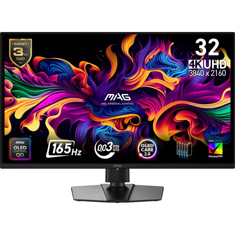 Монитор, MSI MAG 322UP QD-OLED E16 Gaming Monitor, 31.5", 0.03ms, 165Hz, 3840x2160, G-SYNC, AMD FreeSync Premium Pro, AI Vision, Console Mode, ClearMR 10000, HDR True Black 400, Type-C(15W PD), DP(1.4a), 2xHDMI(2.1), Pivot, Heigh Adj., VESA 100, Black, 7.7kg