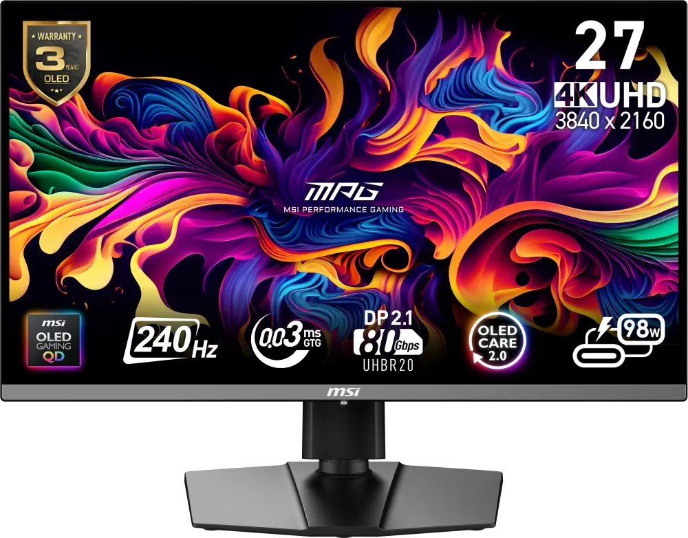 Монитор, MSI MPG 272URX QD-OLED Gaming Monitor, 26.5", 0.03ms, 240Hz, 3840x2160, G-SYNC, AMD FreeSync Premium Pro, AI Vision, Console Mode, ClearMR 13000, HDR True Black 400, Type-C(98W PD), DP(2.1a), 2xHDMI(2.1), USB Hub, Pivot, Heigh Adj., VESA, Black, 8.1kg