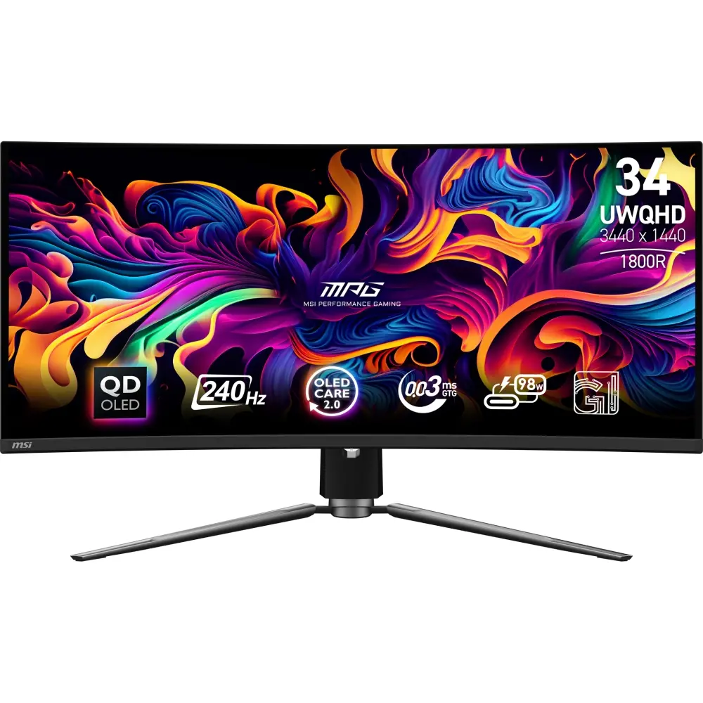 Монитор, MSI MPG 341CQPX QD-OLED Gaming Monitor, 34", 0.03ms, 240Hz Curve 1800R, 3440x1440, G-SYNC, KVM, AI Vision, Console Mode, ClearMR 13000, HDR True Black 400, Type-C(98W PD), DP(1.4a), 2xHDMI(2.1), USB Hub, Heigh Adj., VESA 100, Black, 8.8kg