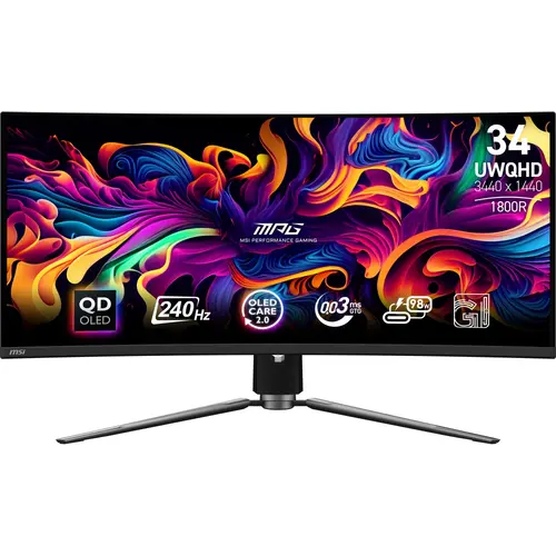 Монитор, MSI MPG 341CQPX QD-OLED Gaming Monitor, 34", 0.03ms, 240Hz Curve 1800R, 3440x1440, G-SYNC, KVM, AI Vision, Console Mode, ClearMR 13000, HDR True Black 400, Type-C(98W PD), DP(1.4a), 2xHDMI(2.1), USB Hub, Heigh Adj., VESA 100, Black, 8.8kg