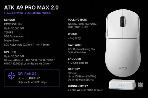 ATK професионална геймърска мишка Wireless Gaming Mouse A9 Pro Max 2.0 Tri-mode Nearlink - 8K, Black - image 3