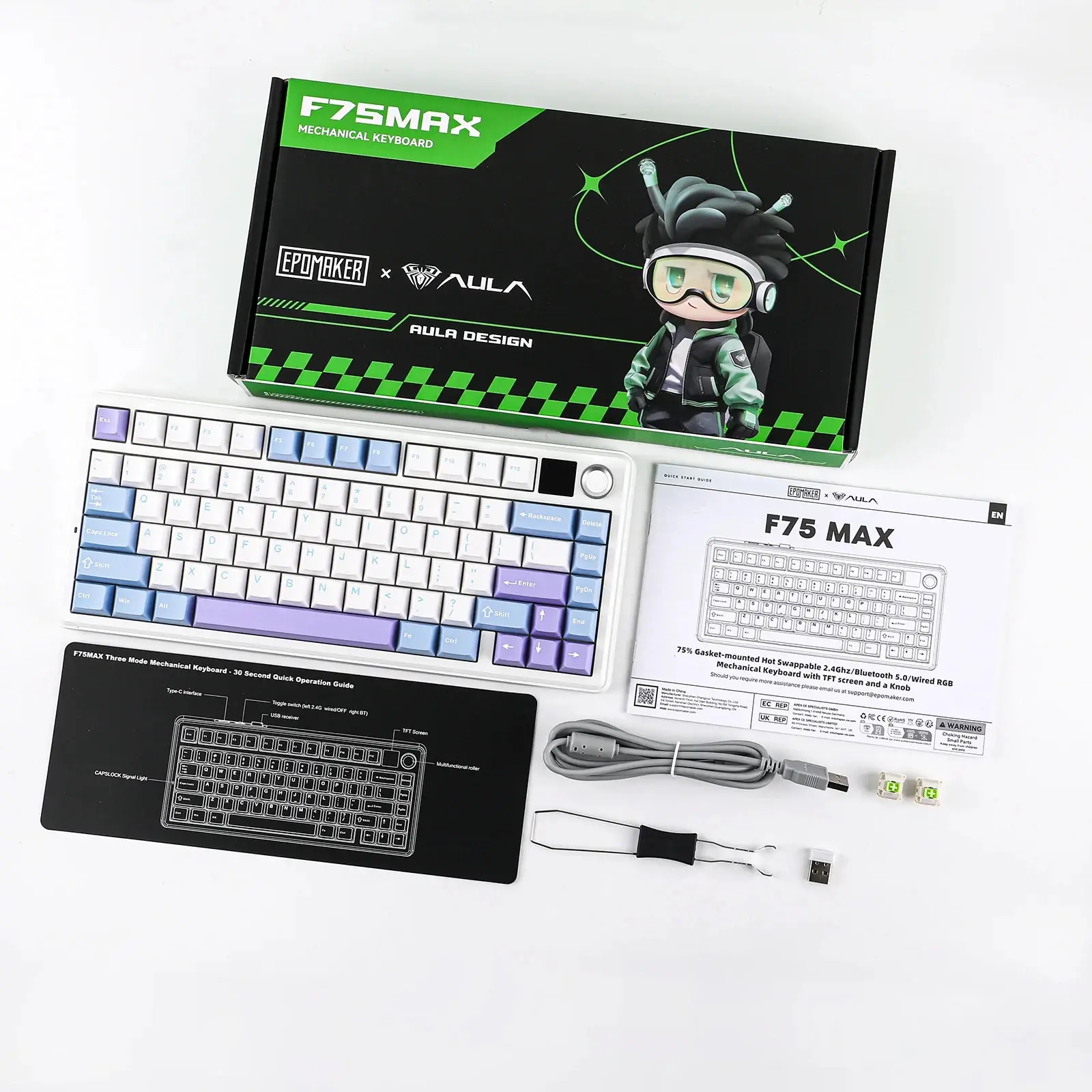 Aula геймърска механична клавиатура Wireless Gaming Mechanical Keyboard F75 MAX - Reaper Switch [Linear] (English US), White, Blue, Purple - image 14