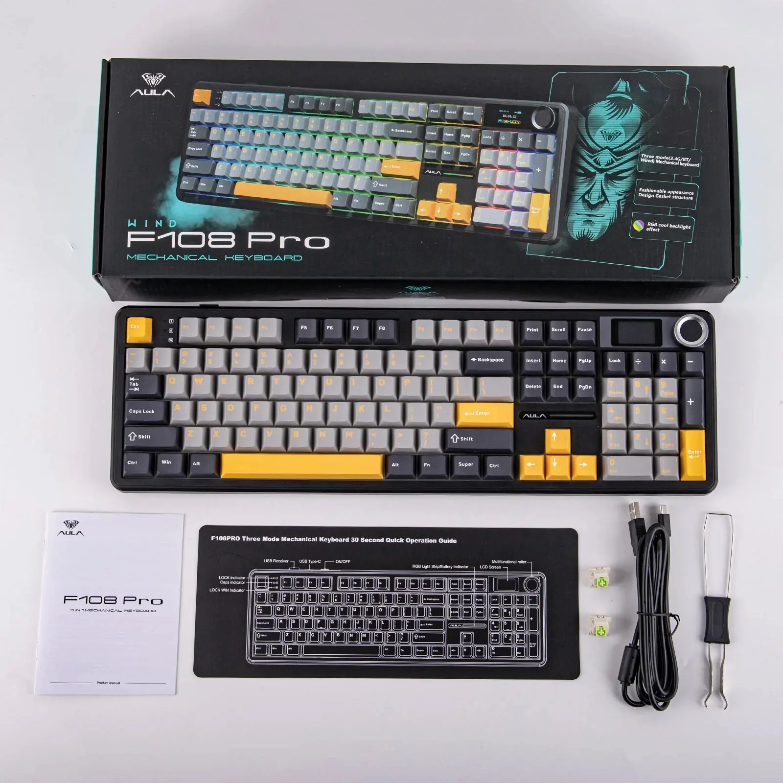 Aula геймърска механична клавиатура Wireless Gaming Mechanical Keyboard F108 PRO - Volcanic Switch [Linear] (English US), Black, Gray - image 12