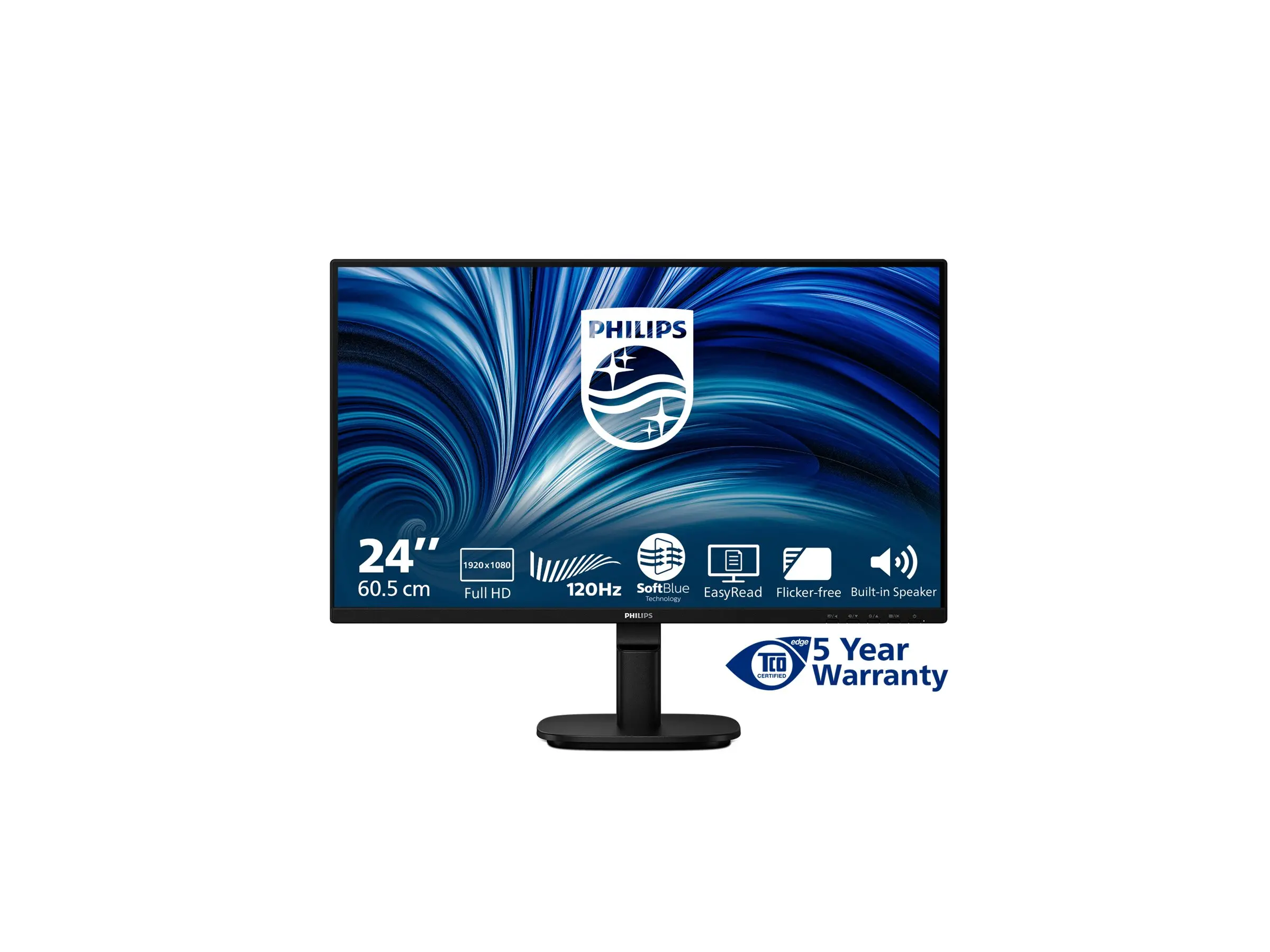 Монитор, Philips 24B2N2200, 23.8" IPS WLED, 1920x1080@120Hz, 4ms GtG, 300cd m/2, 1500:1, 50M:1 DCR, Adaptive Sync, FlickerFree, SoftBlue, 2Wx2, Tilt, D-SUB, HDMI, DP