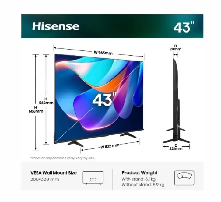 Телевизор, Hisense 43" A6S, 4K Ultra HD 3840x2160, DLED, DFA, Precision Colour, HDR 10+, HLG, Dolby Vision,Light sensor, Smart TV, WiFi, BT, AnyView Cast, Gaming Mode, 1xHDMI2 eArc, 3xHDMI, 2xUSB, LAN, CI+, DVB-T2/C/S2, Black - image 1