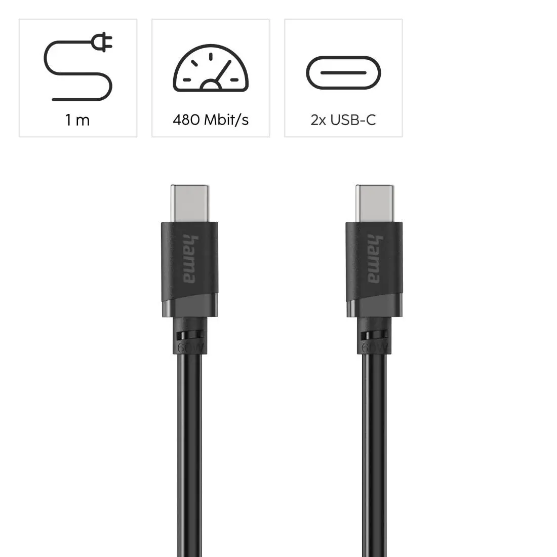 HAMA Кабел USB-C мъжко– USB-C мъжко, 60 W, 1 m, черен - image 7
