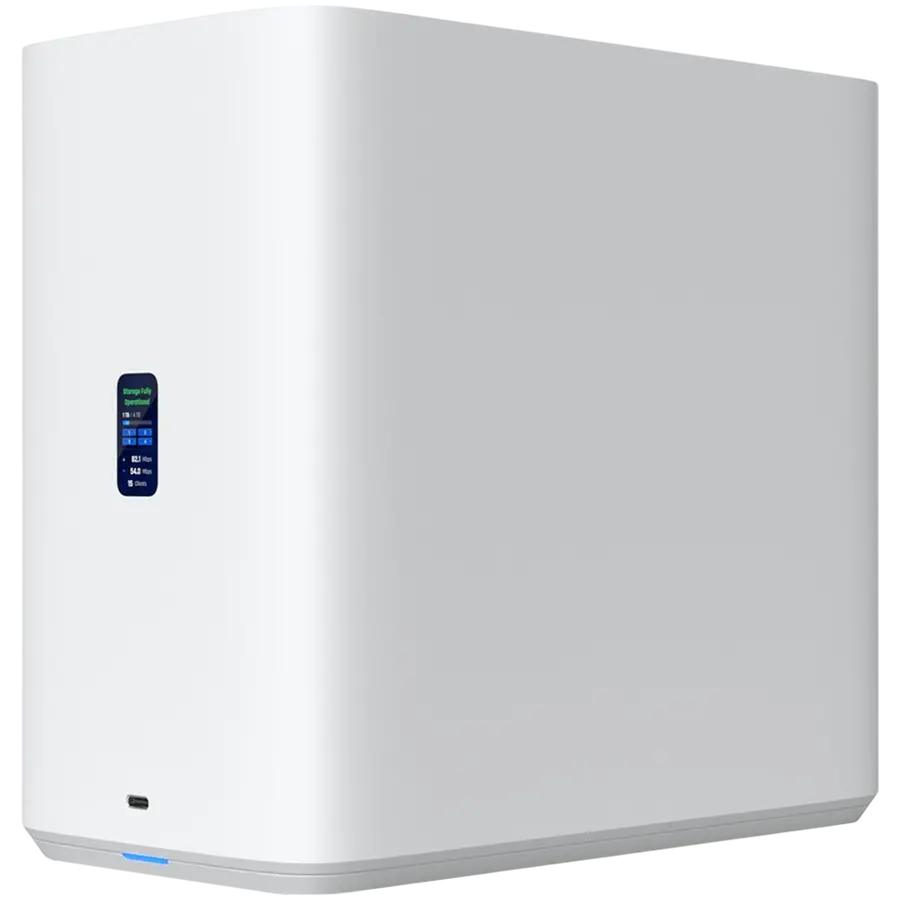 Ubiquiti UniFi UNAS-4-W-EU Network Attached Storage with (4) 2.5/3.5" HDD bays, (2) M.2 NVMe SSD cache slots, 2.5 GbE networking, USB-C connectivity, and an included PoE+++ adapter, all in a compact footprint