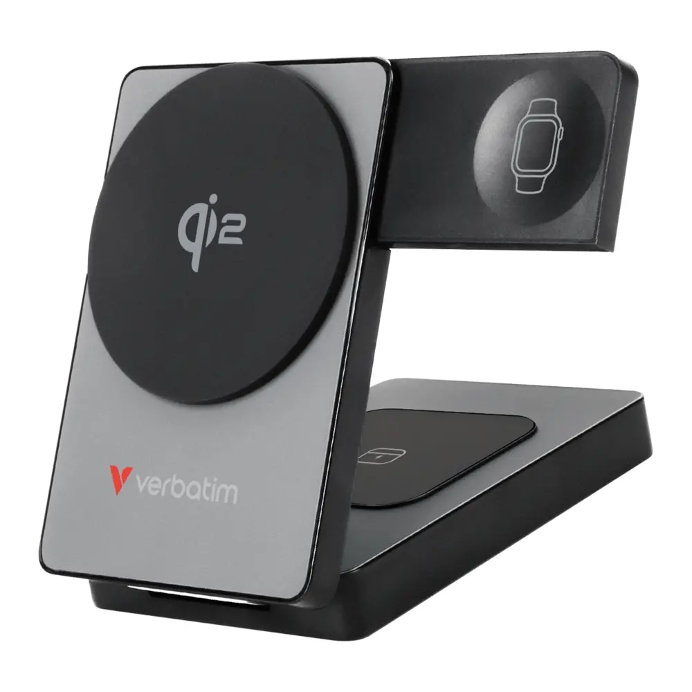 Външна батерия, Verbatim Foldable 3-in-1 Qi2 Magnetic Wireless Power Bank 5000 mAh Grey