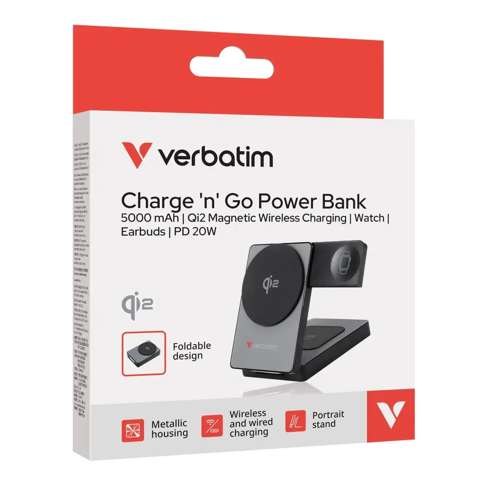 Външна батерия, Verbatim Foldable 3-in-1 Qi2 Magnetic Wireless Power Bank 5000 mAh Grey - image 2