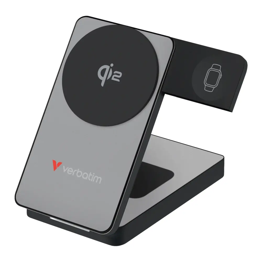 Външна батерия, Verbatim Foldable 3-in-1 Qi2 Magnetic Wireless Power Bank 10000 mAh Grey
