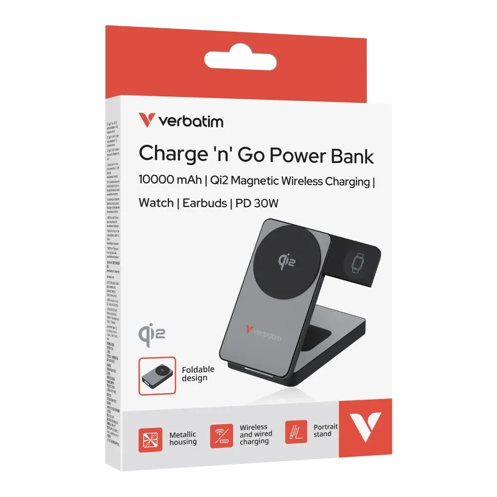 Външна батерия, Verbatim Foldable 3-in-1 Qi2 Magnetic Wireless Power Bank 10000 mAh Grey - image 2