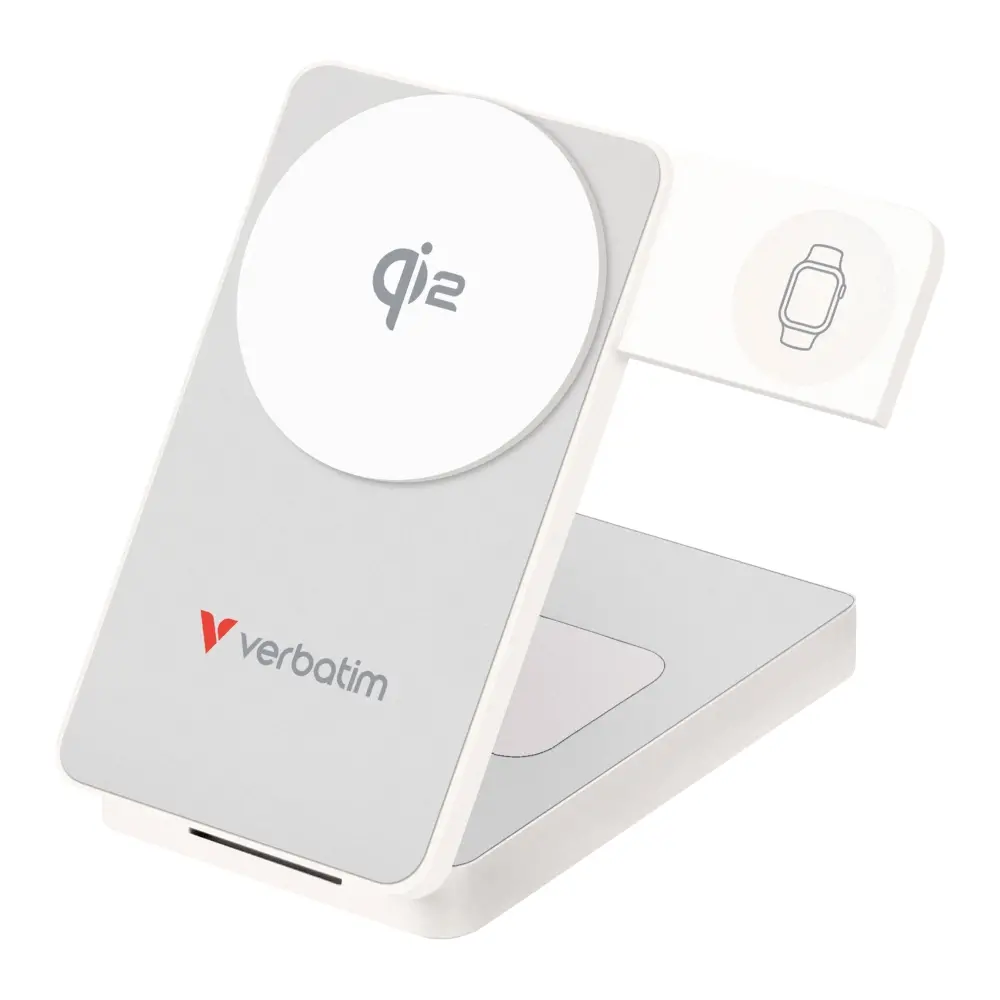 Външна батерия, Verbatim Foldable 3-in-1 Qi2 Magnetic Wireless Power Bank 10000 mAh White