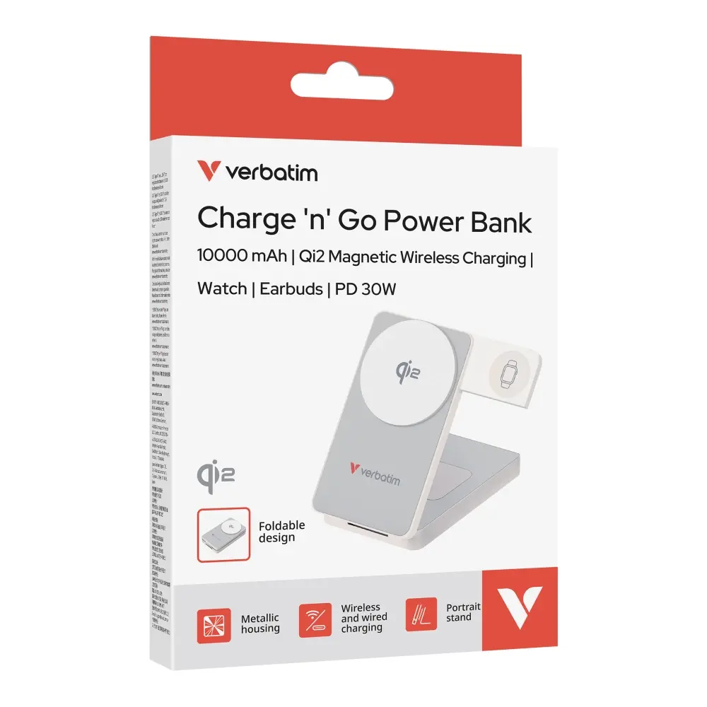 Външна батерия, Verbatim Foldable 3-in-1 Qi2 Magnetic Wireless Power Bank 10000 mAh White - image 2