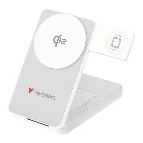 Външна батерия, Verbatim Foldable 3-in-1 Qi2 Magnetic Wireless Power Bank 10000 mAh White