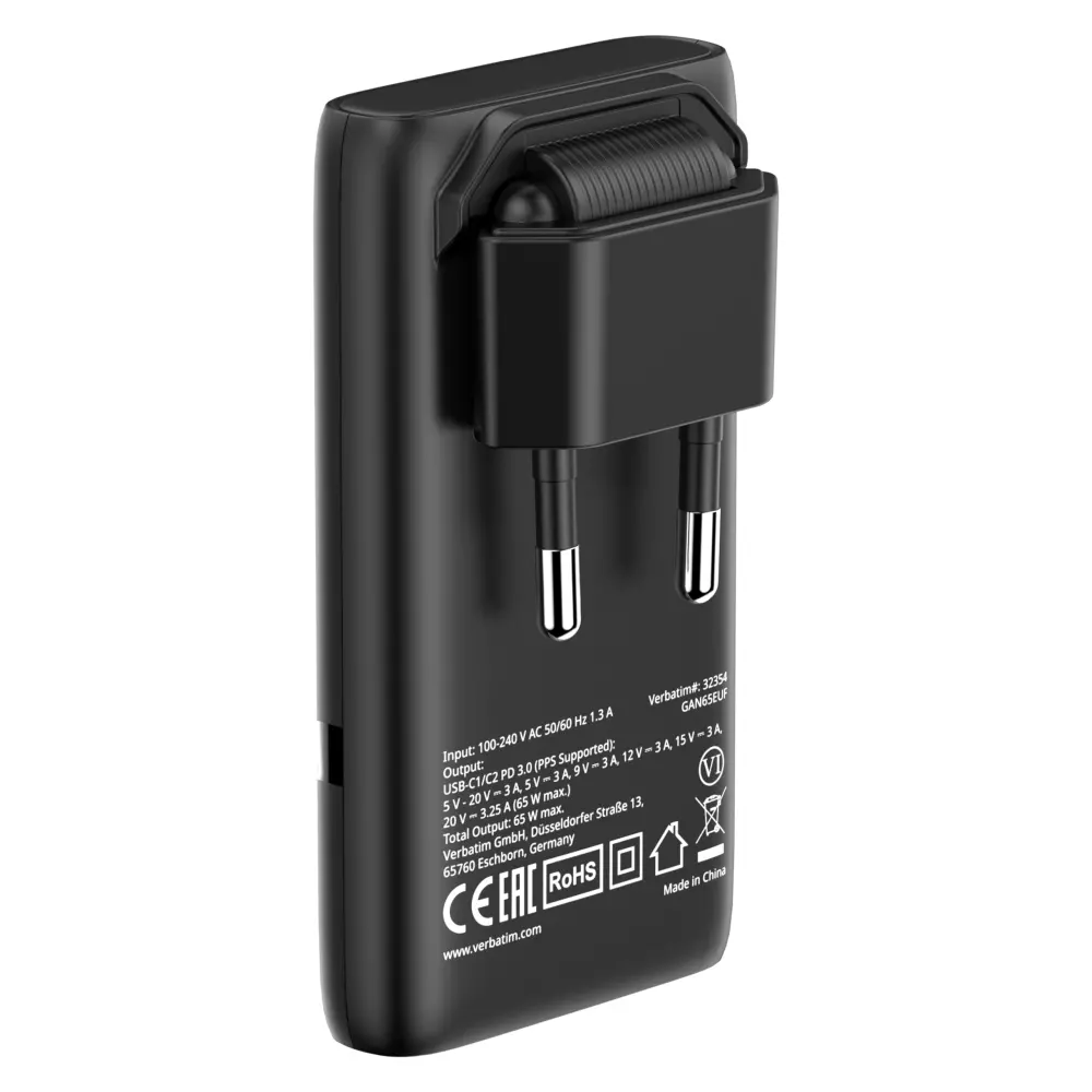Зарядно устройство, Verbatim Fold 'n' Go GaN Charger 65W EU plug Black - image 3