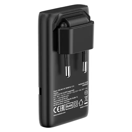 Зарядно устройство, Verbatim Fold 'n' Go GaN Charger 65W EU plug Black - image 3