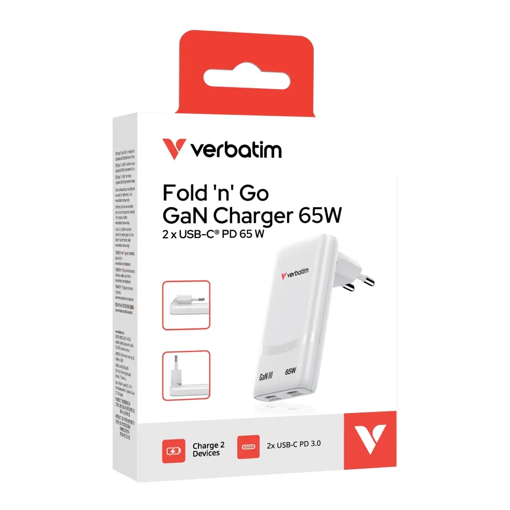 Зарядно устройство, Verbatim Fold 'n' Go GaN Charger 65W EU plug White - image 11