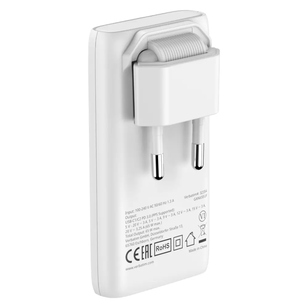 Зарядно устройство, Verbatim Fold 'n' Go GaN Charger 65W EU plug White - image 3