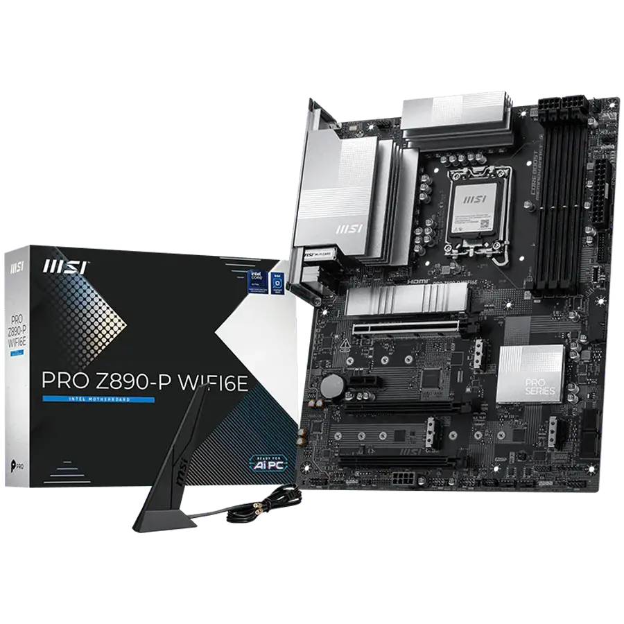 MSI PRO Z890-P WIFI6E, LGA 1851, Dual Channel DDR5 up to 9200(OC)MHz, 3x PCIe x16 slots, 4x M.2 slot, 4x USB 2.0, 2x USB 3.2 Gen 1, 1x USB 3.2 Gen 2, 1x USB 3.2 Gen 2 Type-C, 1x HDMI, 1x DP, 5Gbps LAN, WIFI6E, 7.1 Audio, 3Y