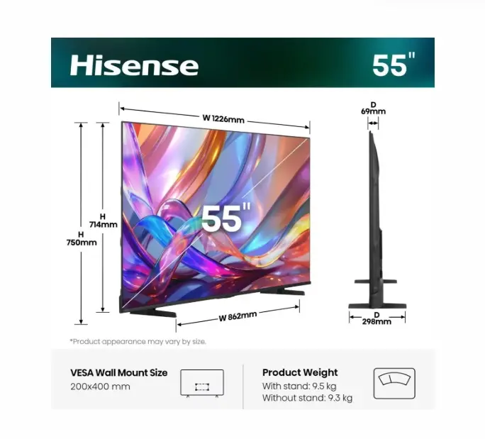 Телевизор, Hisense 55" E7S, 4K Ultra HD 3840x2160, QLED, Quantum Dot, HDR 10+, HLG, Dolby Vision, DTS Virtual X, Smart TV, WiFi, Light Sensor, BT, Anyview Cast, 3xHDMI, 2xUSB, LAN, CI+, DVB-T2/C/S2, Black - image 1