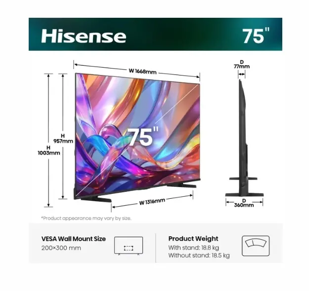 Телевизор, Hisense 75" E7S, 4K Ultra HD 3840x2160, QLED, Quantum Dot, HDR 10+, HLG, Dolby Vision, DTS Virtual X, Smart TV, Light Sensor, WiFi Direct, BT, Anyview Cast, 3xHDMI, 2xUSB, LAN, CI+, DVB-T2/C/S2, Black - image 1