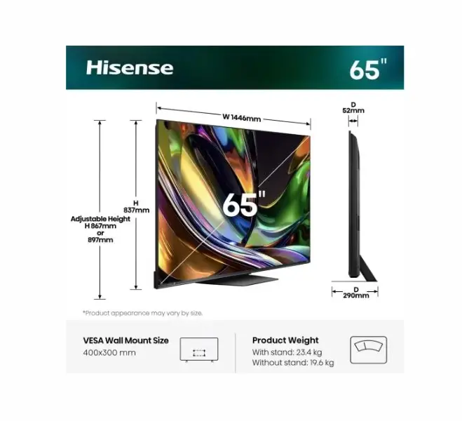 Телевизор, Hisense 65" UR8S, 4K Ultra HD 3840x2160, RGB Mini Led , DLED, Quantum Dot, 180Hz, IPS, HDR 10+, HLG, Dolby Vision IQ, Dolby Atmos, Smart TV,Light Sensor,WiFi 6eGHz, WiFi Direct, BT,2x10 W + 20 W + 2x5 W, Anyview Cast, 4xHDMI, 2xUSB, LAN, CI+, DVB-T2/C/S2 - image 1