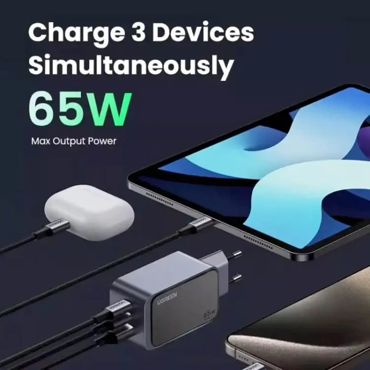 ЗАРЯДНО УСТРОЙСТВО X553 220V 2xUSB-C 1xUSB A GaN 65W NEXODE AIR UGREEN - image 2