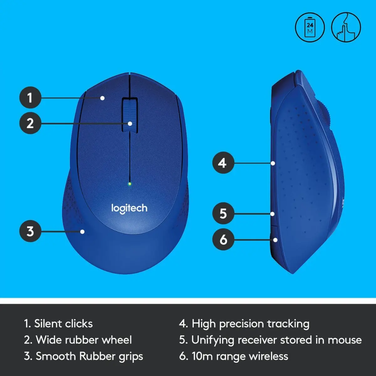 МИШКА LOGITECH M330 SILENT PLUS - RF Wireless, Alkaline - Wireless / Безжична - Blue - PN 910-004910 - image 7