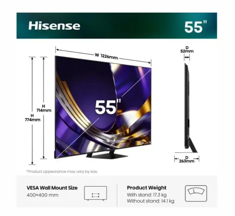 Телевизор, Hisense 55"U7S Pro, 4K Ultra HD 3840x2160, ULED, FALD, Quantum Dot, 165Hz, IPS, HDR 10+, HLG, Dolby Vision IQ, Dolby Atmos, Smart TV, WiFi 5GHz, WiFi Direct, BT, Anyview Cast,light sensor,Solar Powered Remote, 4xHDMI, 2xUSB, LAN, CI+, DVB-T2/C/S2, Black - image 1