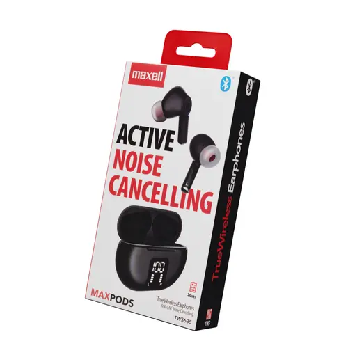 Блутут безжични слушалки тапи MAXPODS active noise cancelling black MAXELL Truewireless
