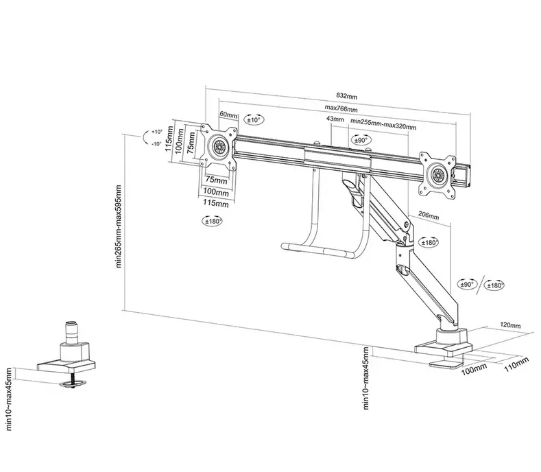 Стойка, Neomounts Monitor arm 10-32" - gas spring - Topfix - 180°-stop - image 11