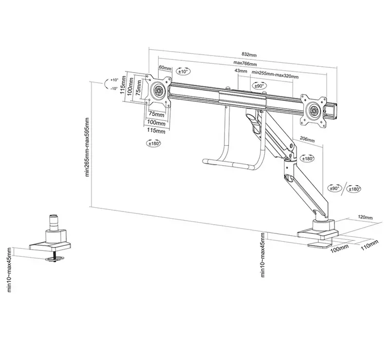 Стойка, Neomounts Monitor arm 10-32" - gas spring - Topfix - 180°-stop - image 11