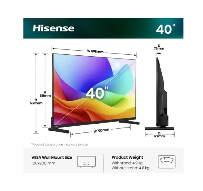 Телевизор, Hisense 40" A5S, Full HD 1920x1080, QLED, Quantum Dot, HDR, HLG, DTS HD, Light Sensor, Dolby Audio, Smart TV, WiFi, WiFi Direct, 2xHDMI, 2xUSB, LAN, CI+, DVB-T2/C/S2, Black - image 1