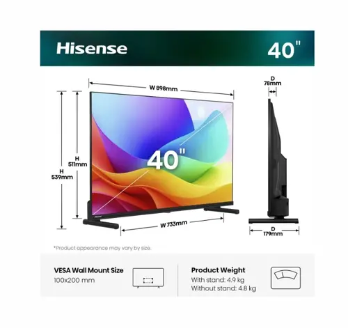 Телевизор, Hisense 40" A5S, Full HD 1920x1080, QLED, Quantum Dot, HDR, HLG, DTS HD, Light Sensor, Dolby Audio, Smart TV, WiFi, WiFi Direct, 2xHDMI, 2xUSB, LAN, CI+, DVB-T2/C/S2, Black - image 1
