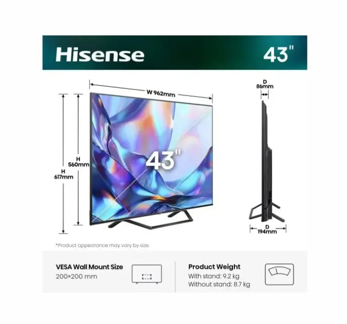 Телевизор, Hisense 43" A7S, 4K Ultra HD 3840x2160, QLED, FALD, Quantum Dot, HDR 10+, HLG, Dolby Vision, Dolby Atmos, Smart TV, WiFi 5GHz, WiFi Direct, BT, Anyview Cast, 3xHDMI, 2xUSB, LAN, CI+, DVB-T2/C/S2, Black - image 1