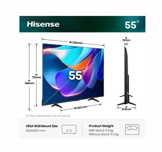 Телевизор, Hisense 55" A6S, 4K Ultra HD 3840x2160, DLED, DFA, Precision Colour, HDR 10+, HLG, Dolby Vision,Light sensor, Smart TV, WiFi, BT, AnyView Cast, Gaming Mode, 1xHDMI2 eArc, 3xHDMI, 2xUSB, LAN, CI+, DVB-T2/C/S2, Black - image 1