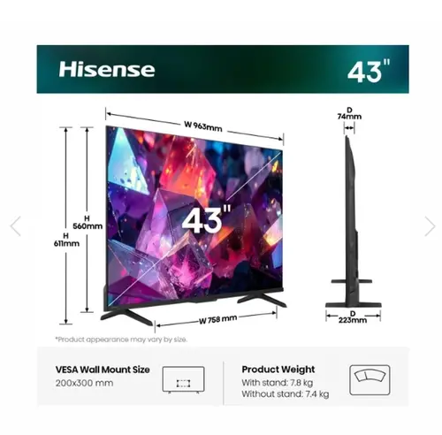 Телевизор, Hisense 43" E7S Pro, 4K Ultra HD 3840x2160, QLED, Quantum Dot, 144Hz, HDR 10+ adaptive, HLG, Dolby Vision, DTS Virtual X, Smart TV, WiFi 5GHz, WiFi Direct, BT, Anyview Cast, 3xHDMI, 2xUSB, LAN, CI+, DVB-T2/C/S2, Black - image 1